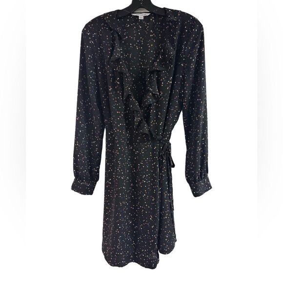 Popsugar Black Colorful Stars Ruffle Wrap Dress Size L - Picture 1 of 5